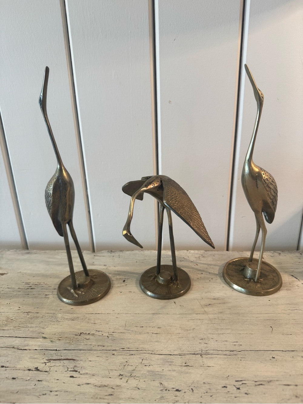 Vintage Brass Heron Egret Crane Bird Figurines Set of 3 MCM Coastal Decor